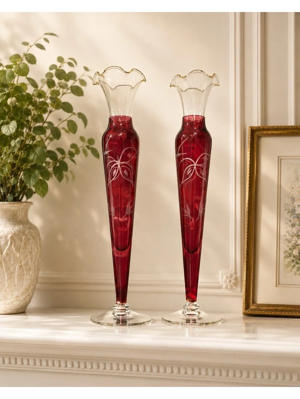 Czech Vintage 1950s 2 Bud Vases Cut To Clear Cranberry Flashed Etched Glass, 10”